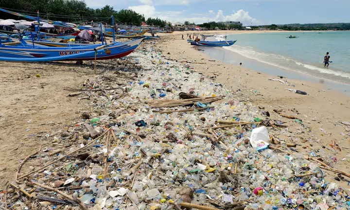 The Ocean Cleanup — official photograph of plastic pollution on an Indonesian beach (illustrating overseas sources, not Australia)