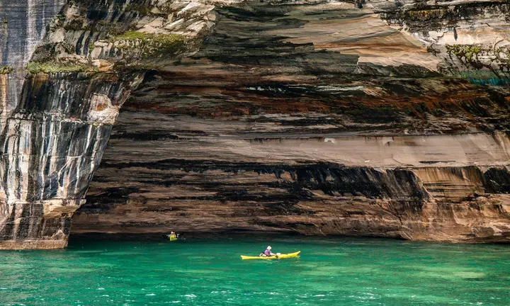 Pictured Rocks by Sea Kayak: Michigan’s Colourful Lake Superior Cliffs — official US National Park Service, Pictured Rocks National Lakeshore, Kayaking & Boating; official NPS kayak photograph image