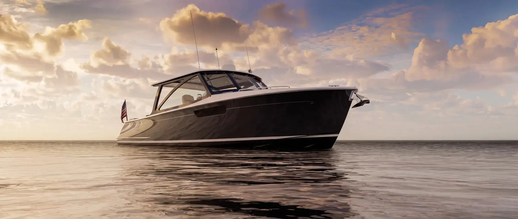 MJM Yachts official photograph of the new 38V V-Series day yacht.