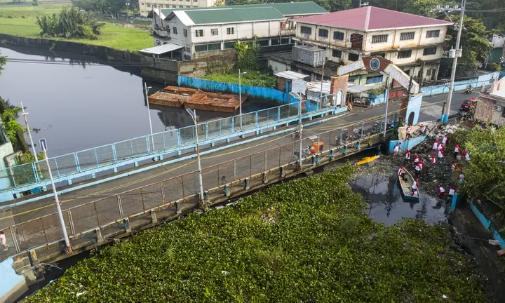 The Ocean Cleanup — official photograph of Interceptor 028 operating in the Meycauayan River, September 2026