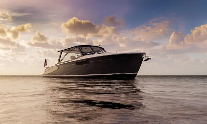 MJM Yachts official photograph of the new 38V V-Series day yacht.