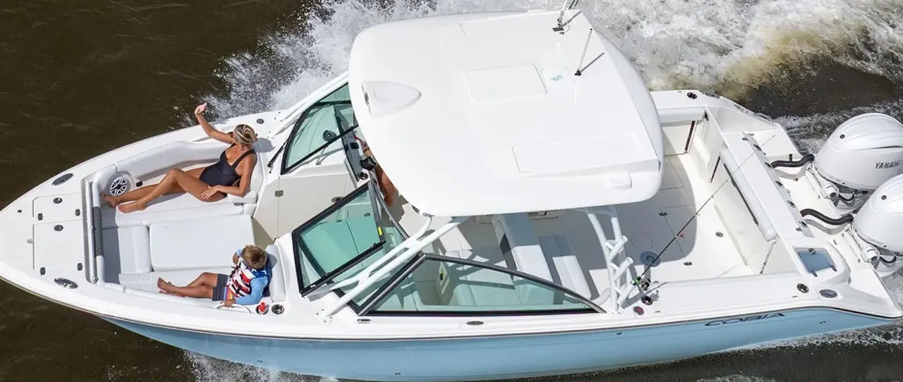Official boat-builder photograph | Cobia 280 DC: A Dual-Console Boat for Cruising, Swimming and Fishing