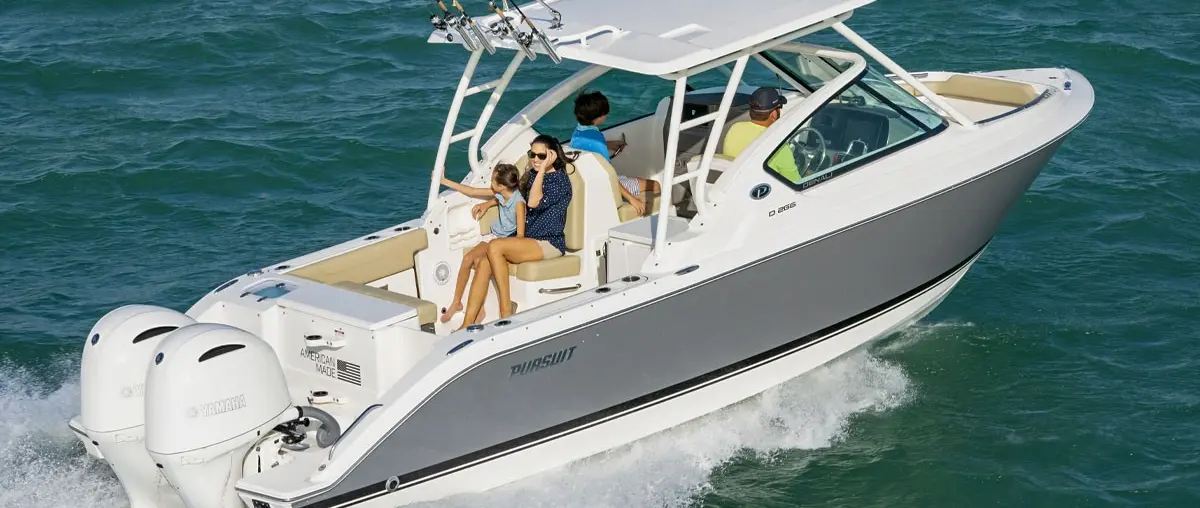 Official boat-builder photograph | Pursuit D 266 Denali: Dual-Console Boat for Families and Fishing