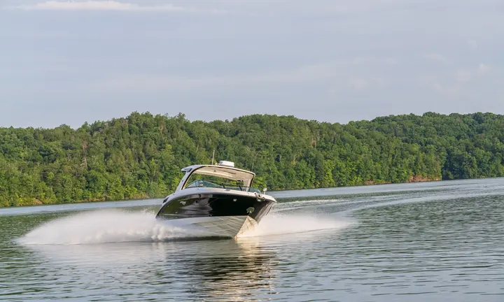 Official boat-builder photograph | Sea Ray SLX 350 Uses Joystick Sterndrives and an Air-Conditioned Hideaway
