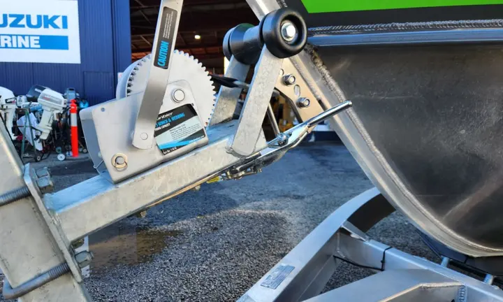 Launch & Retrieve Boat Latch installed on trailer, image supplied by Blue Bottle Marine | Launch & Retrieve Boat Latch Wins IBEX Trailer Award