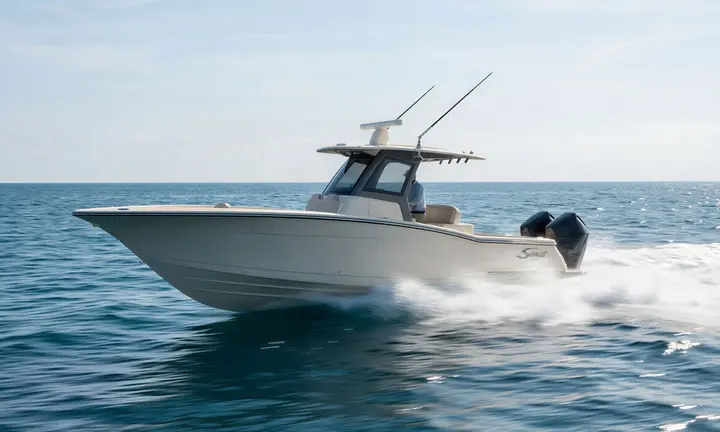 Official boat-builder photograph | Scout 315 LXF heads for Fort Lauderdale with twin powered beach platforms