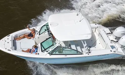 Official boat-builder photograph | Cobia 280 DC: A Dual-Console Boat for Cruising, Swimming and Fishing