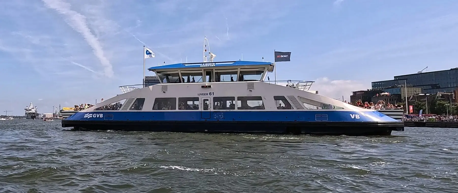 Roboat official photograph of an Amsterdam ferry supporting its technology.