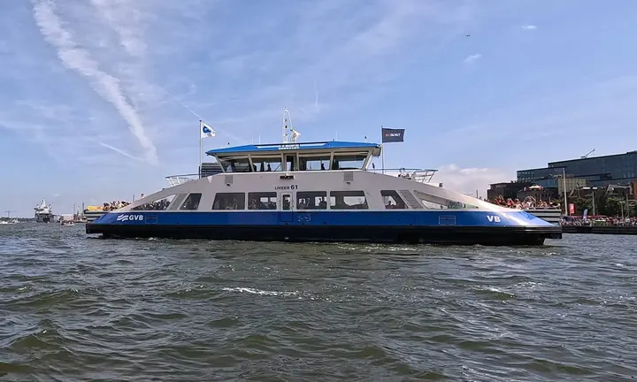 Roboat official photograph of an Amsterdam ferry supporting its technology.