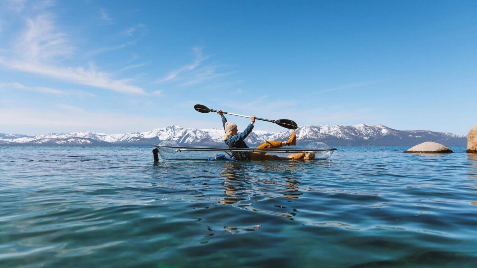 Official Visit Lake Tahoe destination photography: clear kayak on Lake Tahoe